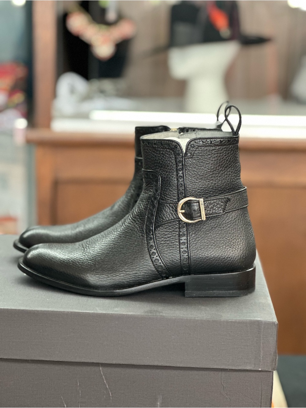 Men's Black Leather Ankle Boots with Buckle